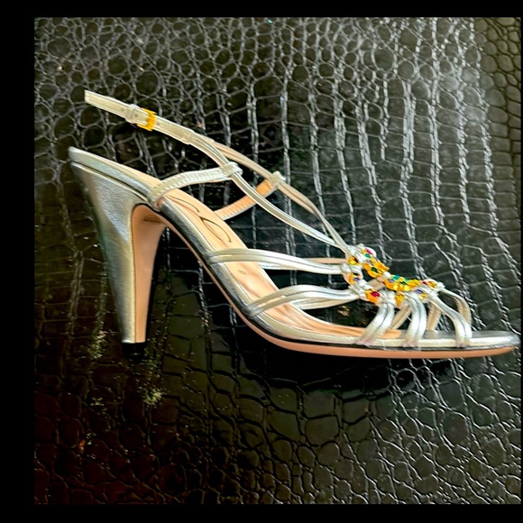 Gucci Silver Leather Sandal with Multi Colored Jeweled GG - Picture 3 of 8